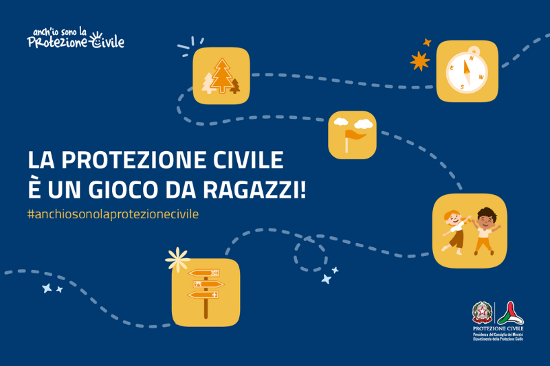 Infografica a logo Dipartimento della Protezione Civile. L'immagine rappresenta un percorso tipo gioco dell'oca in cui le tappe raffigurano elementi come bosco, bussola, sentieri e ragazzi. Il testo è: La protezione civile è un gioco da ragazzi! #anchiosonolaprotezionecivile.